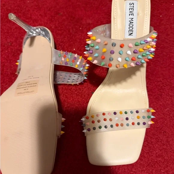 Steve Madden Nude Clear Slide Heels with Multicolor Studs - Picture 3 of 3